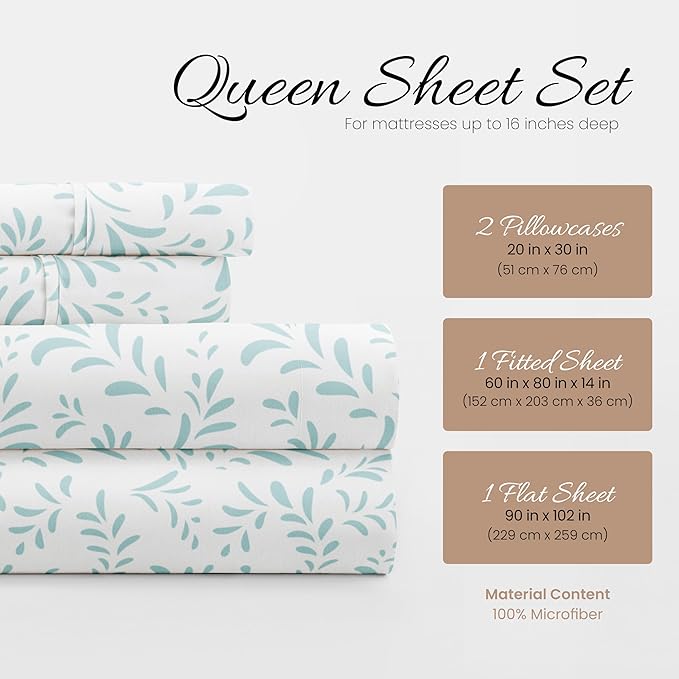 Linen Market 4 Piece Queen Bedding Sheet Set (Light Blue Vines) - Sleep Better Than Ever with These Ultra-Soft & Cooling Bed Sheets for Your Queen Size Bed - Deep Pocket Fits 16" Mattress - LeafyLoom