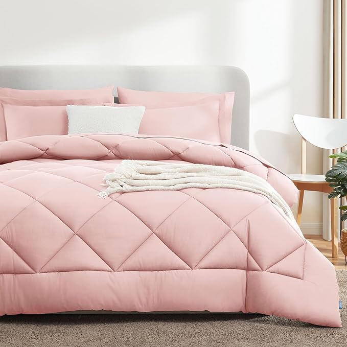 CozyLux King Comforter Set with Sheets 7 Pieces Bed in a Bag Pink All Season Bedding Sets with Comforter, Pillow Shams, Flat Sheet, Fitted Sheet and Pillowcases - LeafyLoom