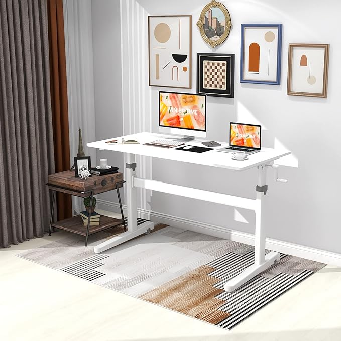 Manual Standing Desk Adjustable Height- Crank Mobile Standing Desk 48 x 24 Inches Sit Stand Desk Frame & Top, Stand Up Desk on Wheels, Computer Desk White Frame & White - LeafyLoom