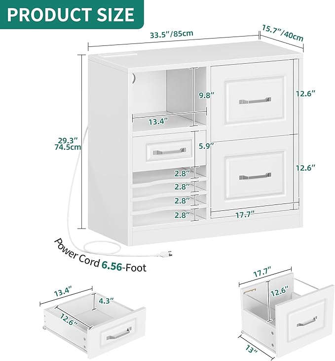 YITAHOME 3 Drawer File Cabinet, Filing Cabinet with Charging Station, Printer Stand with Open Storage Shelves, Fits for A4, Letter, Legal Size Files, White - LeafyLoom