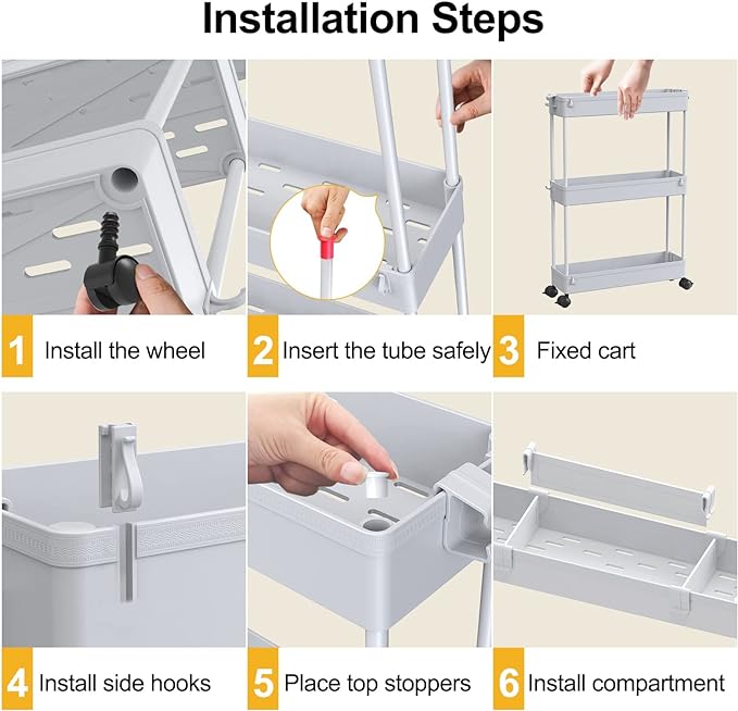 SPACELEAD Slim Storage Cart 4 Tier,Bathroom Storage Organizer Rolling Utility Cart, Mobile Shelving Unit Slide Out Storage Cart for Office, Bathroom, Kitchen, Laundry Room & Narrow Places， Grey - LeafyLoom