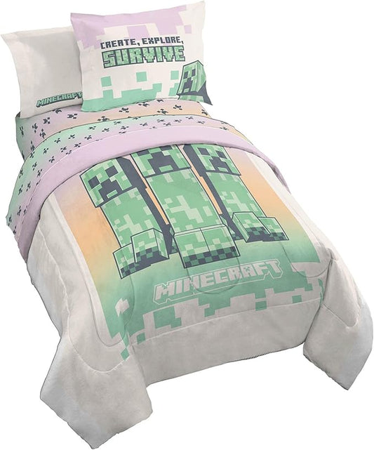 Minecraft Creeper Twin Comforter Set - 5 Piece Bedding includes Sheet Set & Pillow Covers - Super Soft Pink & Green Kids Bedding - LeafyLoom