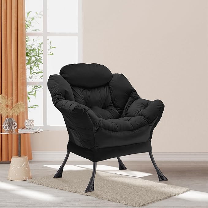 Lazy Chair Thick Padded, Accent Chair Velvet Upholstered with Wide Seat, Stable Metal Frame and Non-Slip Pad, Modern Sofa Armchair with Side Storage Bag for Dorm, Room, Office, Black - LeafyLoom