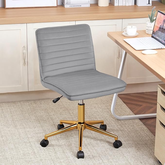 Furniliving Home Office Chair, Armless Vanity Chair with Wheels Swivel Velvet Computer Rolling Desk Chair with Back, Adjustable Accent Chair with Gold Metal Base Stool Chair,Gray - LeafyLoom