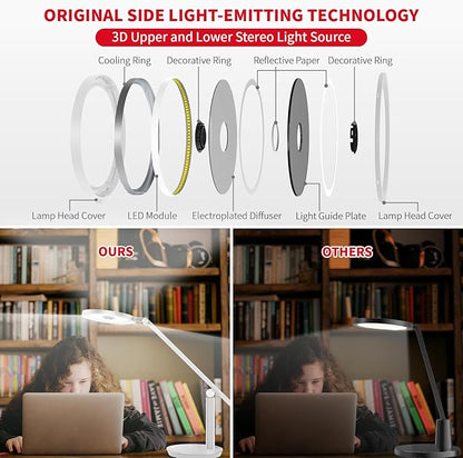 LED Desk Lamp for Home Office - Natural Eye-Caring Table Light, Adjustable Metal Swing Arm with 18W Dimmable Bright Reading Task Lampara Memory Function White - LeafyLoom