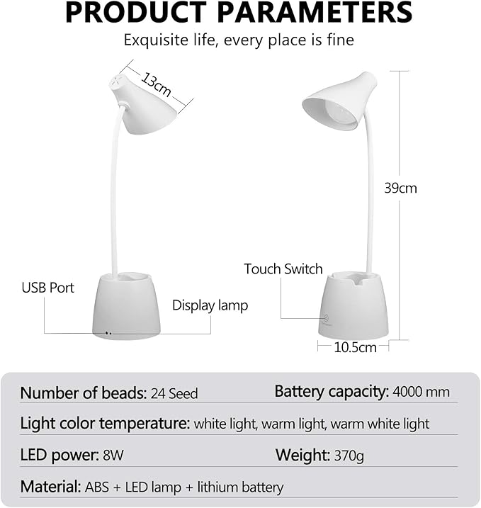 Small Desk Lamp, Kids Desk Lamp with Pen Holder & Mobile Phone Stand, 3 Lighting Modes for Reading Kids Dorm& Mobile Phone Stand for Reading Dorm Home Office (White) - LeafyLoom