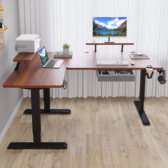 62x47 Inches L Shaped Electric Standing Desk with Drawer, Adjustable Height Sit Stand Up Desk with Storage Shelf, Dark Walnut Top/Black Frame - LeafyLoom