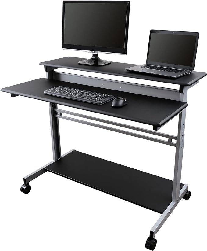 Stand Up Desk Store Rolling Adjustable Height Two Tier Standing Desk Computer Workstation (Silver Frame/Black Top, 48" Wide) - LeafyLoom