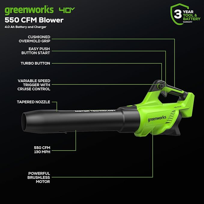 Greenworks 40V (130 MPH / 550 CFM / 75+ Compatible Tools) Cordless Brushless Axial Leaf Blower, 4.0Ah Battery and Charger Included - LeafyLoom