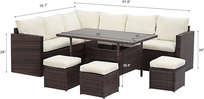 Solaste 7 Piece Patio Furniture Set, All Weather Wicker Patio Conversation Sets with Cushion Seat & Pillows, Outdoor Dining Set, Patio Furniture Outdoor Sectional, Brown - LeafyLoom