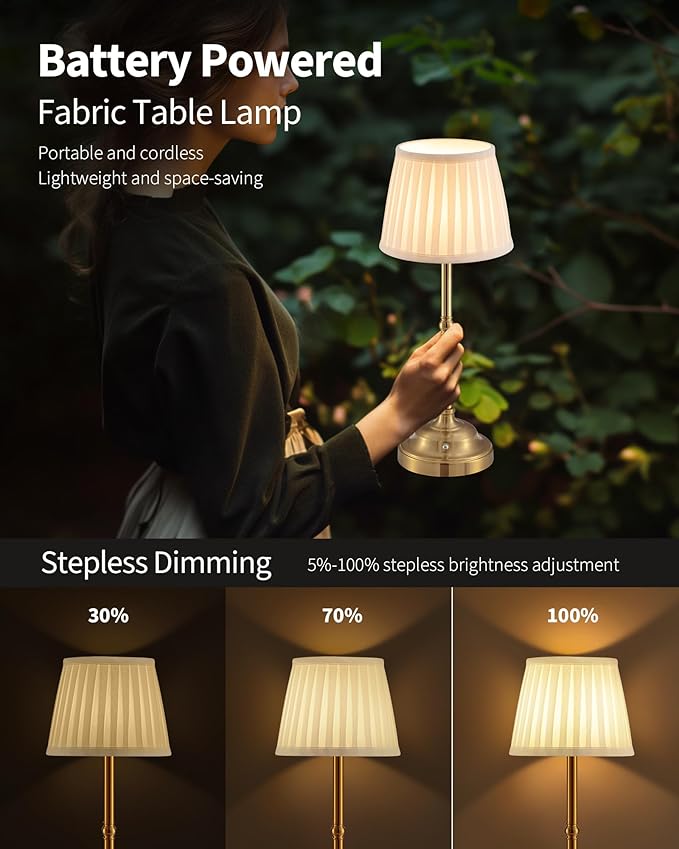 KDG Cordless LED Table Lamp Set of 2, Portables Fabric Shade Desk Lamps, 5000mAh Rechargeable Battery Powered Lighting, Dimmable Light for Dining Room, Bedroom, Bedside, Night Light, Balcony (Bronze) - LeafyLoom