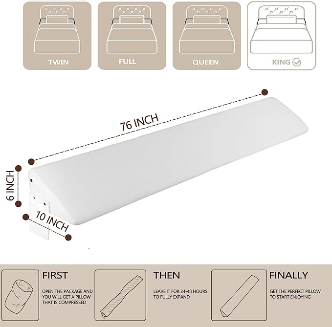 Bed Wedge Pillow,Headboard Pillow,Mattress Wedge,Close The Gap (0-8") Between Your Mattress and Headboard,Bed Gap Filler (White, King) - LeafyLoom