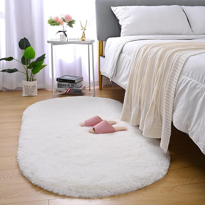 Merelax Soft Shaggy Rug for Kids Bedroom, Oval 2.6'x5.3' Cream Plush Fluffy Carpets for Living Room, Furry Carpet for Teen Girls Room, Anti-skid Fuzzy Comfy Rug for Nursery Decor Cute Baby Play Mat - LeafyLoom