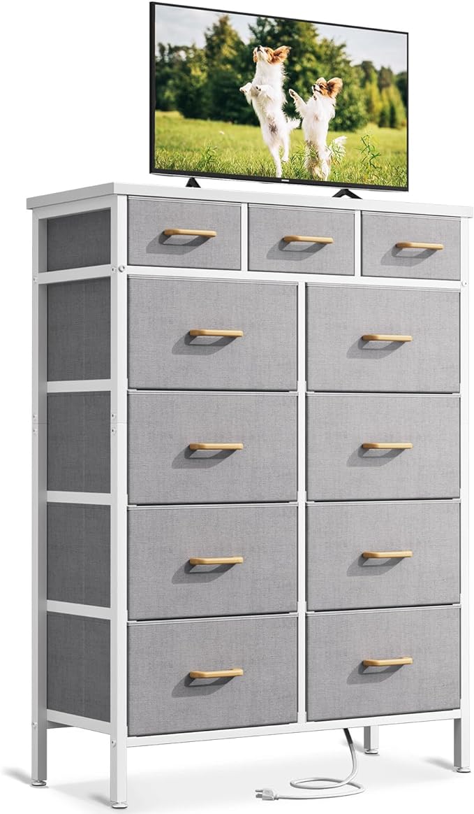 AODK Dresser with Charging Station, 52 Inches Tall Dresser for Bedroom with 11 Storage Drawers, Large Fabric Dressers for Living Room, Hallway, Light Grey - LeafyLoom