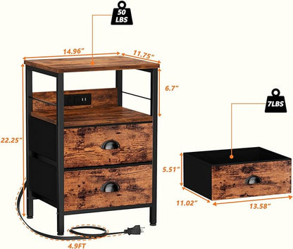 Furologee Nightstand Set of 2, Rustic Brown, with Charging Station and USB Ports, Side Tables with 2 Fabric Drawers, Bedside Tables with Storage Shelf & Hooks, for Living Room/Bedroom - LeafyLoom