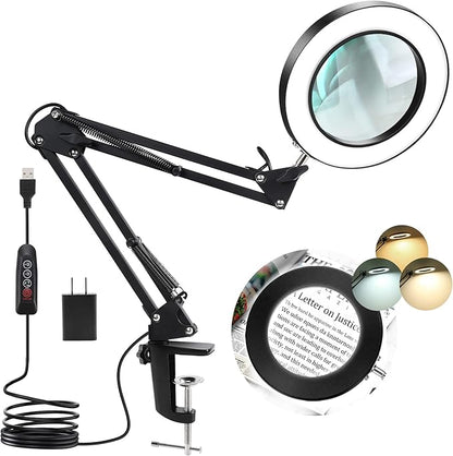 10X Magnifying Glass with Light, Krstlv Real Glass Lens Desk Lamp & Clamp, 3 Color Modes Stepless Dimmable, Hands Free LED Lighted Magnifier with Light and Stand for Reading Crafts Repair Close Works - LeafyLoom