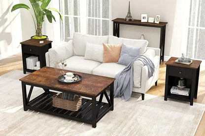 ChooChoo Black Coffee Table, Rustic Vintage Table with Shelf for Living Room, 40 Inch - LeafyLoom