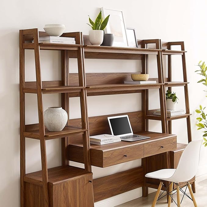 Modway Bixby 3-Piece Home Office Desk and Bookshelf Display Case in Walnut - LeafyLoom