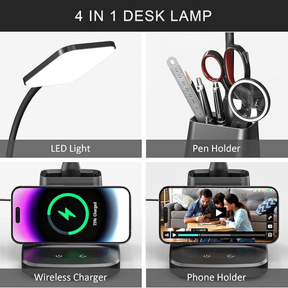 Desk Lamp for Home Office, LED Desk Lamp with Wireless Charger Pen Holder, Dimmable Desk Light with 3 Color Modes, Black Office Lamp for Dorm - LeafyLoom