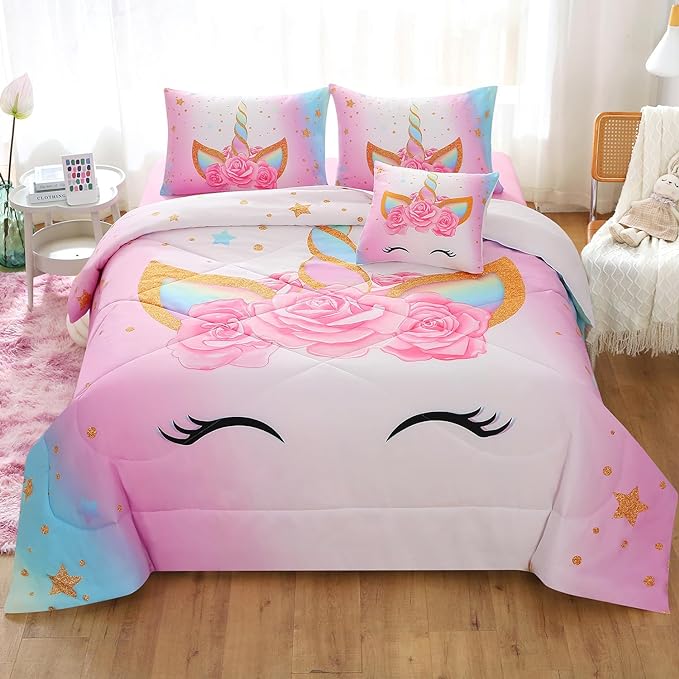 JQinHome Unicorn Twin Bedding Sets for Girls Kids,6 Piece Bed in A Bag 3D Colorful Flower Girl Unicorn Comforter Set with Sheet Set - LeafyLoom