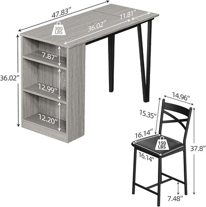 GAOMON Dining Table Set for 2, Kitchen Bar Table and Chairs Set for 2, 3PCS Kitchen Table Set with 2 Upholstered Chairs, Expandable Counter Height Bar Table Set with 3 Storage, Grey - LeafyLoom