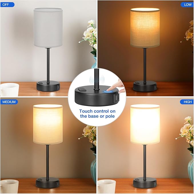 Innqoo Grey Touch Bedroom Lamps Set - 3 Way Dimmable Bedside Lamps with USB C and A Ports and Outlets, Nightstand Lamps with Black Base, Small Lamps for Nursery Office - LeafyLoom