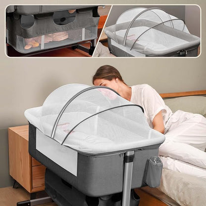 Bedside Crib,3 in 1 Baby Crib Adjustable Portable Bed for Infant,Baby Bassinet with Mosquito net Baby Newborn Must Have Bed,Grey - LeafyLoom