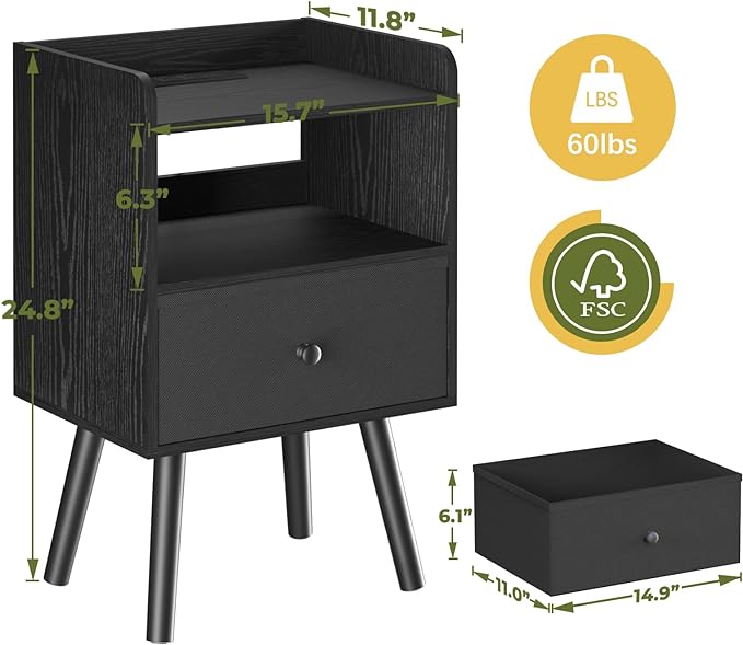 Yoobure Nightstand with Charging Station, Modern Night Stand with LED Lights, Wood Nightstands with Fabric Drawer & Storage Shelf, Night Stands Bedside Table with USB Ports for Bedroom, Office, Home - LeafyLoom