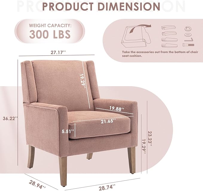 COLAMY Modern Wingback Living Room Chair, Upholstered Fabric Accent Armchair, Single Sofa chair with Lounge Seat and Wood Legs for Bedroom/Office/Reading Spaces, Pink - LeafyLoom