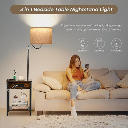 FIMEI Floor Lamp with Table, End Table with Charging Station USB Ports & Outlets, Bedside Table 3 Color Temperature Reading Light, Nightstand with Shelves for Living Room, Bedroom, Apartment - LeafyLoom