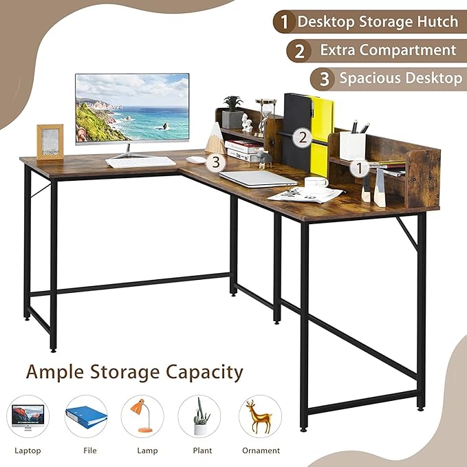 LUARANE 65.5 Inches L-Shaped Desk, Industrial Computer Desk with Hutch File Rack, Space Saving Corner Desk with Metal Frame, Computer Workstation for Home Office (Coffee) - LeafyLoom