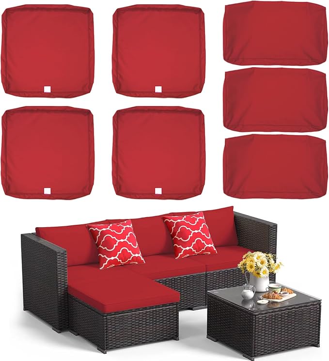 ClawsCover 7Pack Outdoor Seat and Back Cushions Replacement Covers Fit for 3/5 Pieces 4-Seater Wicker Rattan Patio Furniture Conversation Set Sectional Couch,Red-Small (Include Cover Only) - LeafyLoom