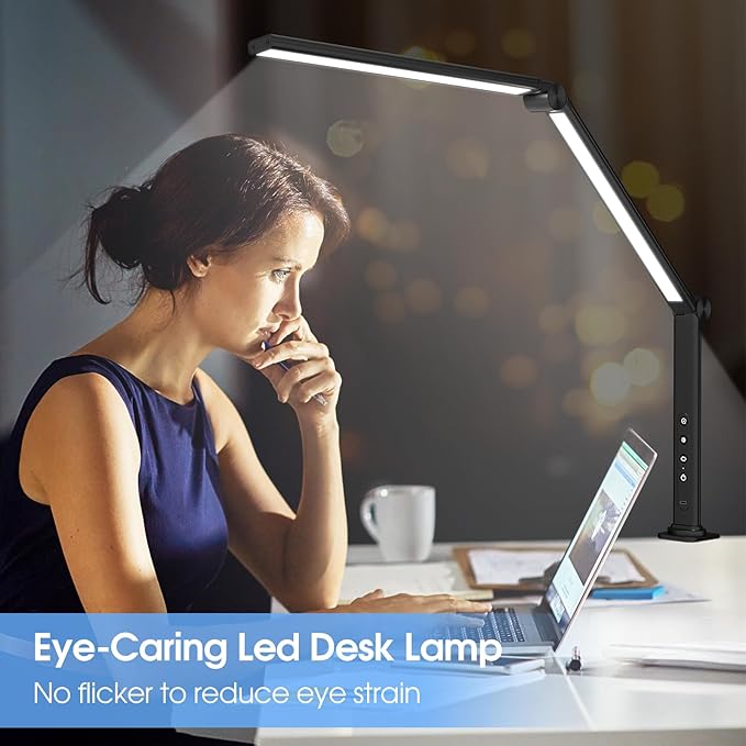 ShineTech LED Desk Lamp with Clamp, Architect Desk Lamp with Dual Light and Adjustable Swing Arm, 4 CCT Modes & 5 Brightness Levels Desk Light - LeafyLoom