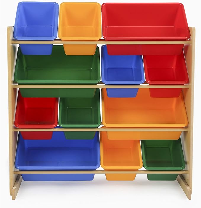 Humble Crew, Natural/Primary Kids' Toy Storage Organizer with 12 Plastic Bins, 34*35*15.5inch - LeafyLoom