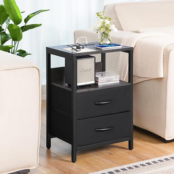 Yoobure Nightstand with Charging Station, Small Night Stand with Fabric Drawers and Storage Shelf for Bedrooms, Nightstands for Small Spaces, Bedside Table with USB Ports & Outlets, Bed Side Table - LeafyLoom