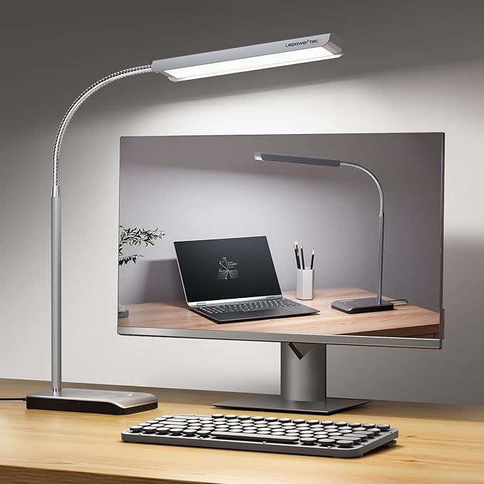 LED Desk Lamp, 12W Reading Desk Lamp for Office Home with 60 Lighting Modes, Touch Control & Timer Function, 750LM Bright Eye-Caring Gooseneck Desk Light Table Lamp for Study, Work, Silver - LeafyLoom