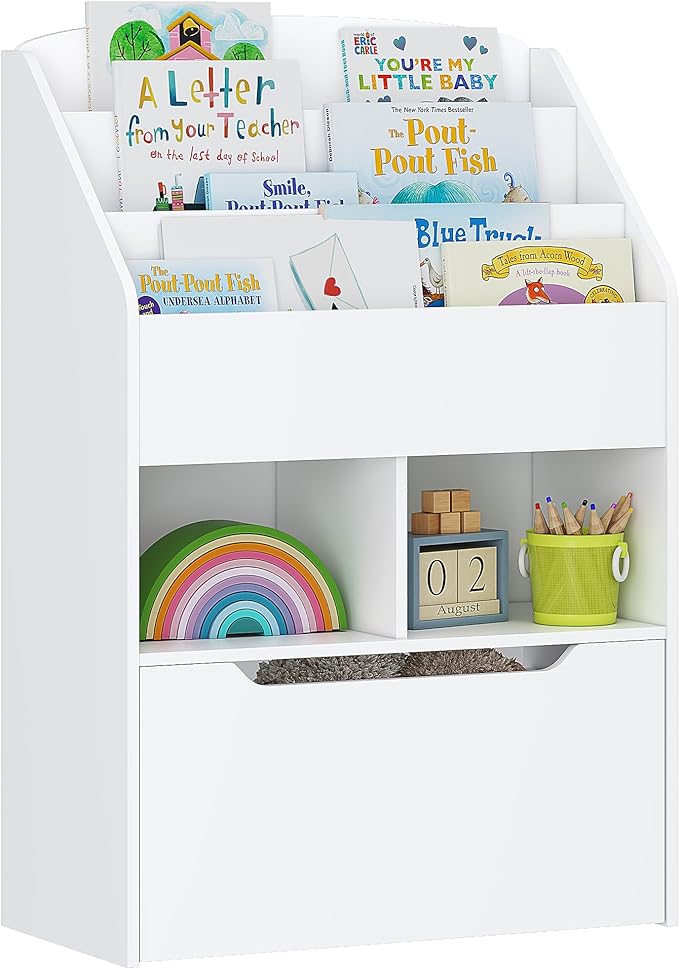 UTEX Bookshelf for Kids, Wooden Book Display, Kids Bookshelf and Toy Storage, Children Book Rack Bookcase Toybox Combo for Bedroom & Nursery, White - LeafyLoom