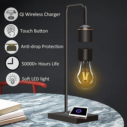 Magnetic Levitating Light Bulb with Luxury Wireless Charging Pad (Apple/Android) Levitation Plastic Black Floating Table Lamp White LED Night Light for Bedrooms Desk Toys Office Gifts - LeafyLoom