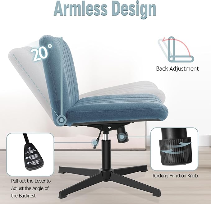 Armless Office Chair no Wheels, Ergonomic Wide Seat Swivel Desk Chair, Height Adjustable Cross Legged Comfortable Computer Chair for Living Room, Vanity Accent Chair Navyblue - LeafyLoom