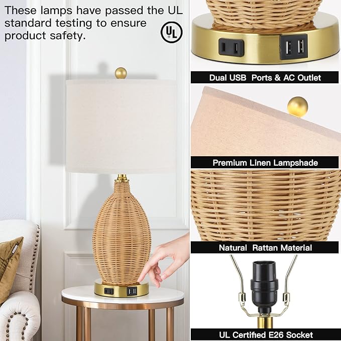 Touch Control Rattan Table Lamps, 3 Way Dimmable Bedside Lamps for Bedroom Set of 2 with 2 USB Ports and AC Outlet, Gold Wicker Nightstand Lamps for Living Room Office (LED Bulbs Included) - LeafyLoom