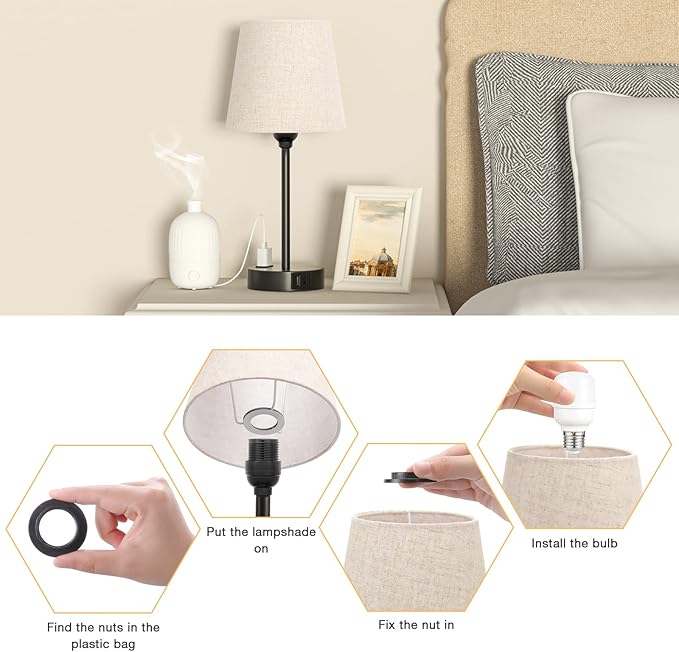 Mini Bedside Lamps for Bedrooms Set of 2 - Nightstand Bedroom Lamps with USB C Port and AC Outlet Charging, Dimmable Touch Small Bed Side Table Lamp, Black Night Stand Light for Kids/Guest Room - LeafyLoom