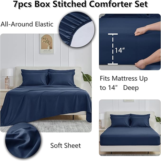 CozyLux Full Size Comforter Sets - 7 Pieces Bed in a Bag Set Navy Blue Full, Complete Bedding Sets Bed Set for All Season with Comforter, Flat Sheets, Fitted Sheet, Pillowcases & Shams - LeafyLoom