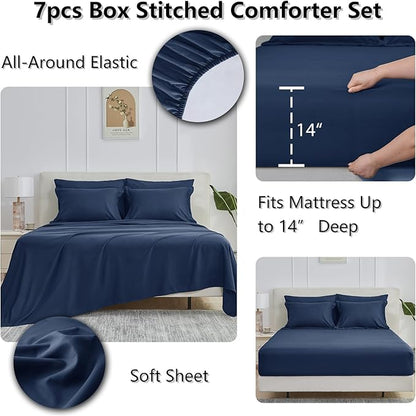 CozyLux King Size Comforter Set - 7 Pieces Bed in a Bag Set Navy Blue King, Complete Bedding Sets Bed Set for All Season with Comforter, Flat Sheets, Fitted Sheet, Pillowcases & Shams - LeafyLoom