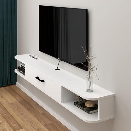 Floating TV Unit, 71'' Wall Mounted TV Cabinet, Floating Shelves with Door, Modern Entertainment Media Console Center Large Storage TV Bench for Living Room & Office (70.86IN, White) - LeafyLoom