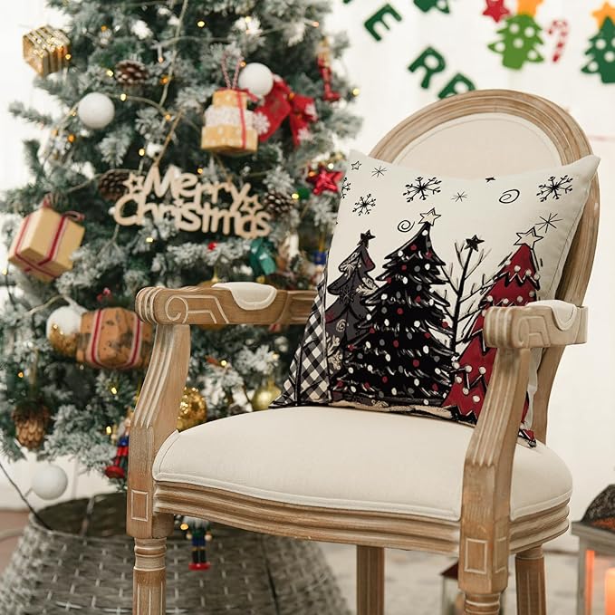 AVOIN colorlife Merry Christmas Joy Xmas Trees Red Throw Pillow Covers, 18 x 18 Inch Christmas Winter Holiday Cushion Case Decoration for Sofa Couch Set of 4 AVOINcolorlife