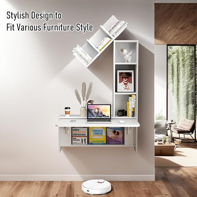 Folding Wall Mounted Drop Leaf Table, Foldable Desk with Moveable Cabinets, Floating Laptop with Convertible Storage Shelves, Multifunctional Computer Workstation in Home for Space Saving - LeafyLoom