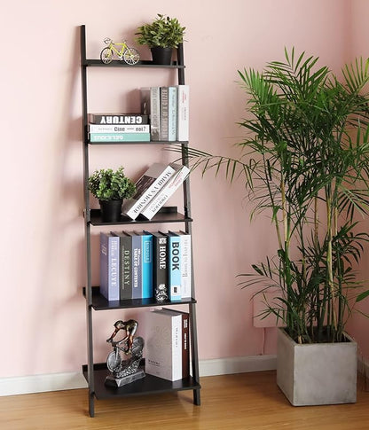 HYNAWIN Ladder Shelf 5 Tier Bookcase, Multipurpose Plant Flower Stand Bookshelf Storage Rack Shelves, Wood Look Accent Bamboo Frame Modern Furniture Home Office (Black) - LeafyLoom