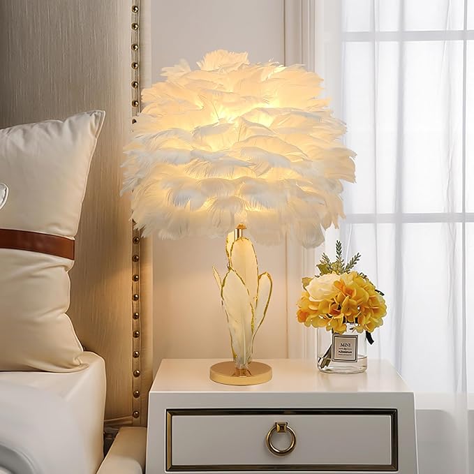 ZYLEIESENBAO Feather Desk Lamp Creative Girls Bedroom Decoration Lamp Modern White Feather Table Bedside Lamp Cute 12'' for Living Room Wedding Childrens Room - LeafyLoom