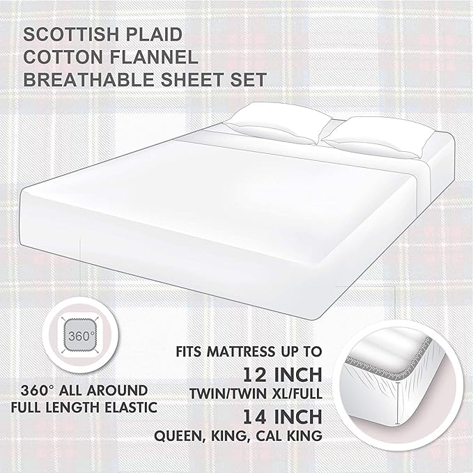 Comfort Spaces Cotton Flannel Breathable Warm Deep Pocket Sheets with Pillow Case Bedding, Queen, Red Plaid Scottish Plaid 4 Piece - LeafyLoom