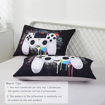 KAKKI 5 Piece Boys Full Gamer Comforter Set with Sheets, 3D Colorful Video Game Controller Comforter for Kids Teen, All Season Soft Microfiber Gaming Bedding Set(White,Full) - LeafyLoom